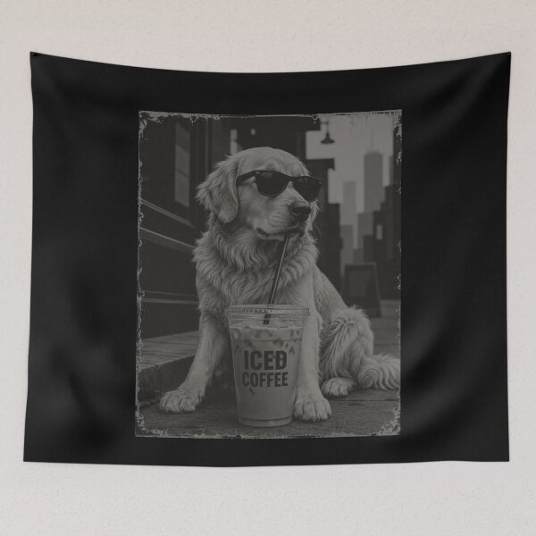 Item preview, Golden Retriever Drinking Iced Coffee With Cool Confidence designed and sold by FreshVibe Prints.