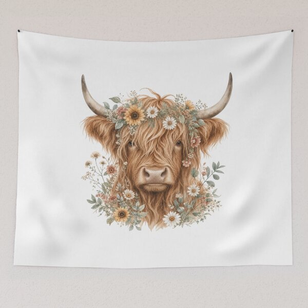 Item preview, Watercolor Highland Cow Floral Crown Sunflower Daisy Wildflower Boho Farmhouse Cottagecore designed and sold by The Junto Shop.