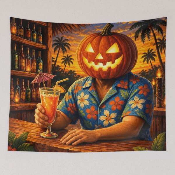 Item preview, Headless Horseman Tropical Paradise – Halloween Tiki Bar Pumpkin Art designed and sold by TheHorsemanRidesAgain.