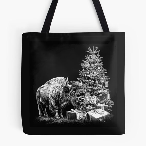 Item preview, Christmas Bison with Gifts – Black and White Holiday Wildlife Art designed and sold by inkoutninja.