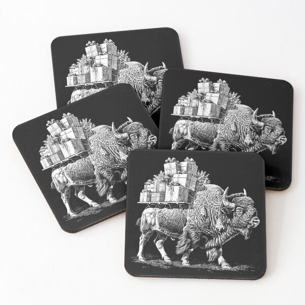 Item preview, Christmas Bison Carrying Gifts – Black and White Holiday Wildlife Art designed and sold by inkoutninja.