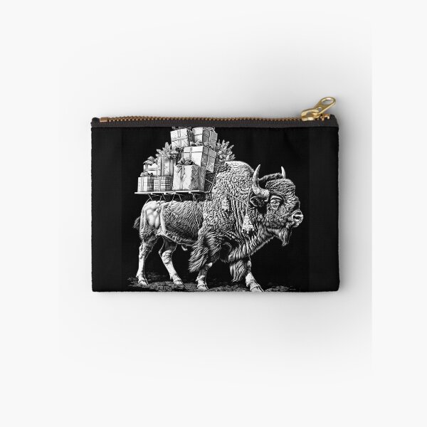 Item preview, Christmas Bison Carrying Gifts – Black and White Holiday Wildlife Art designed and sold by inkoutninja.