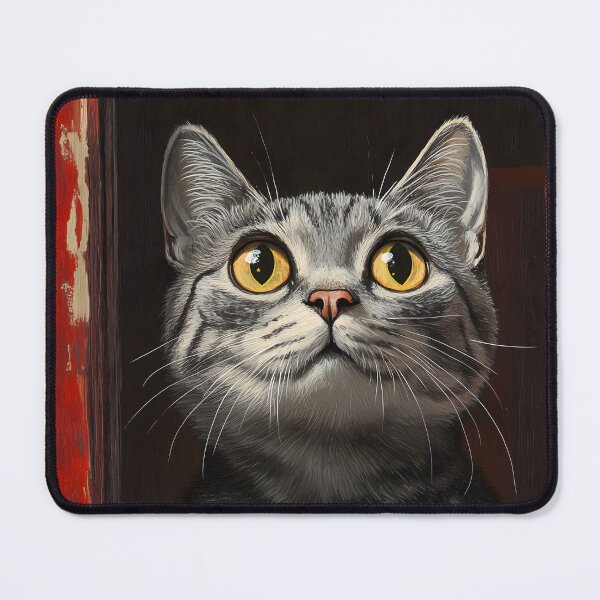 Item preview, Curious Gray Tabby Cat at the Crimson Door | Whimsical Cat Wall Art | Golden Eyes Animal Illustration designed and sold by TwoPeas Workshop.