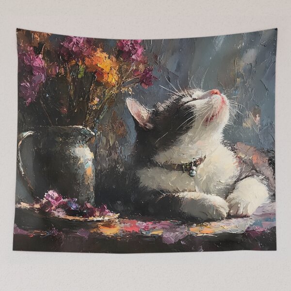 Item preview, Blissful Tuxedo Cat Among Wildflowers | Impressionist Floral Cat | Cozy Whimsical Wall Art designed and sold by TwoPeas Workshop.