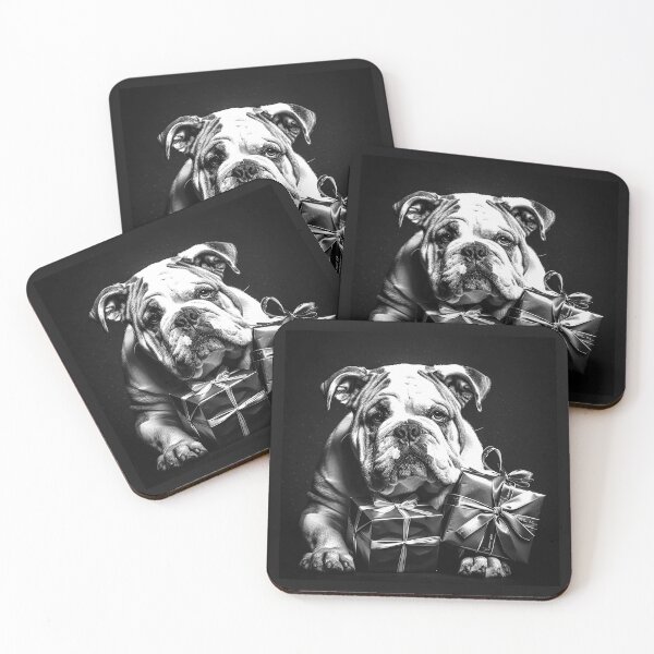 Item preview, Christmas Bulldog with Presents – Black and White Holiday Dog Art designed and sold by inkoutninja.