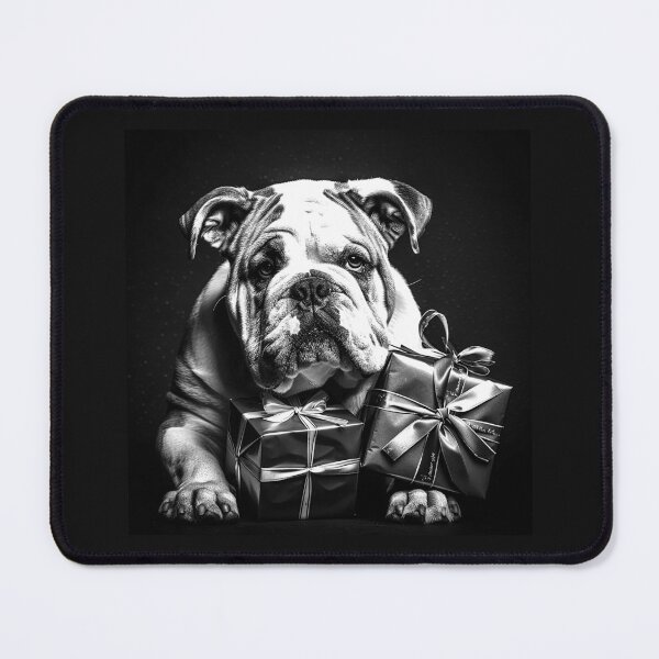 Item preview, Christmas Bulldog with Presents – Black and White Holiday Dog Art designed and sold by inkoutninja.