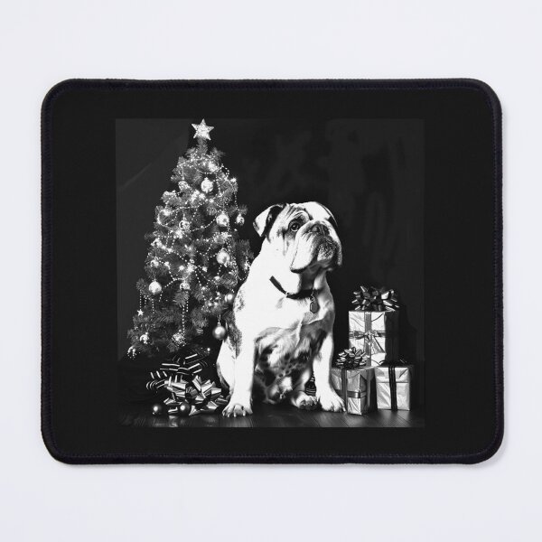 Item preview, Christmas Bulldog by the Tree – Black and White Holiday Dog Art designed and sold by inkoutninja.