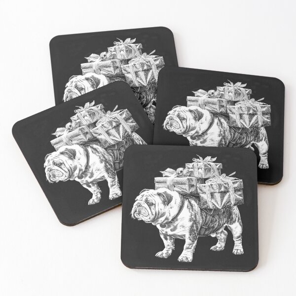 Item preview, Christmas Bulldog Carrying Presents – Black and White Holiday Dog Art designed and sold by inkoutninja.