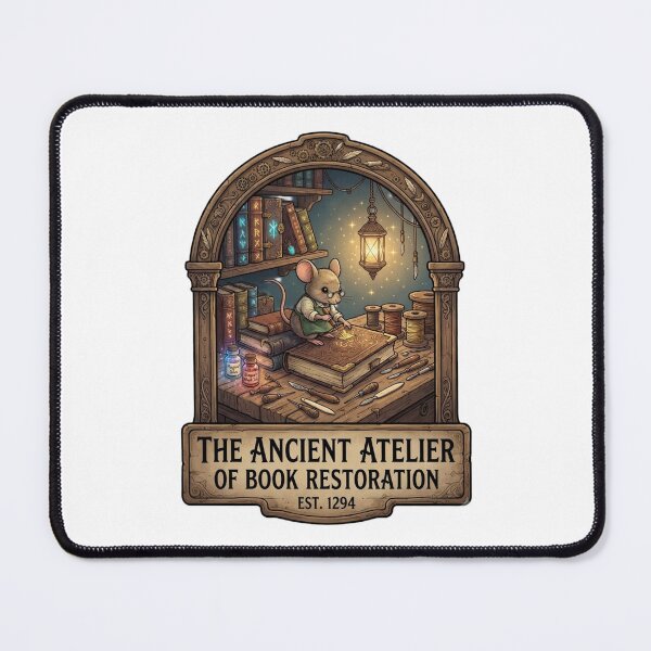 Item preview, The Ancient Atelier of Book Restoration | Vintage Bookbinder Mouse | Magical Library Workshop | Cottagecore Fantasy Bookshop | Literary Sticker designed and sold by MrDev.