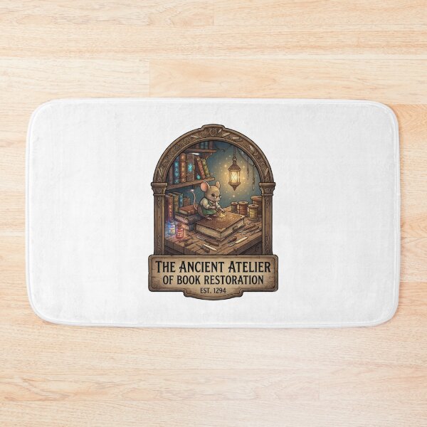 Item preview, The Ancient Atelier of Book Restoration | Vintage Bookbinder Mouse | Magical Library Workshop | Cottagecore Fantasy Bookshop | Literary Sticker designed and sold by MrDev.