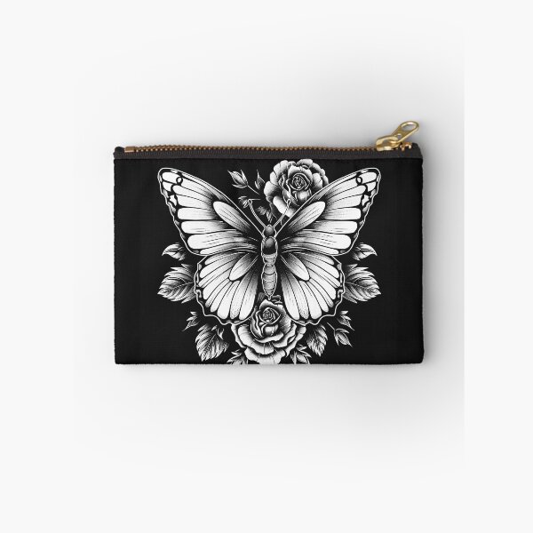 Item preview, Butterfly and Roses – Black and White Floral Insect Art designed and sold by inkoutninja.