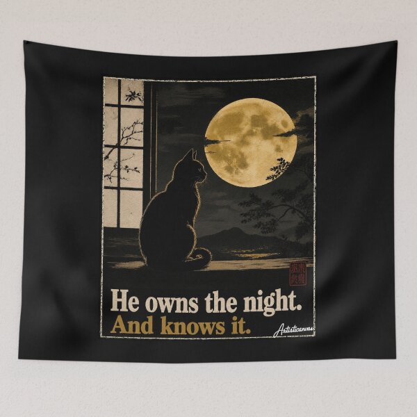 Item preview, Black Cat Moon Night Japanese Silhouette Minimalist Art Print designed and sold by Artisticanvas.