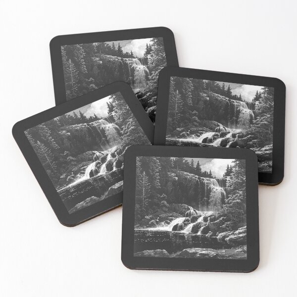 Item preview, Majestic Forest Waterfall – Black and White Wilderness Landscape designed and sold by inkoutninja.
