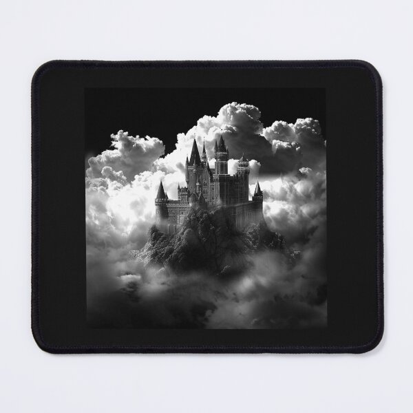 Item preview, Fantasy Castle in the Clouds – Black and White Gothic Kingdom Art designed and sold by inkoutninja.