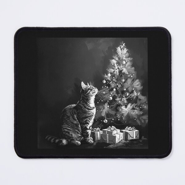 Item preview, Christmas Cat by the Tree – Black and White Holiday Pet Art designed and sold by inkoutninja.