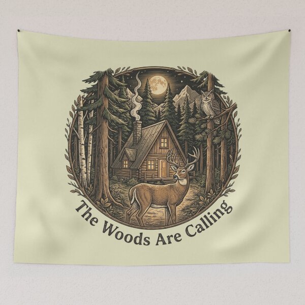 Item preview, Vintage The Woods Are Calling Forest Cabin Deer Design designed and sold by BirdsnStuff.
