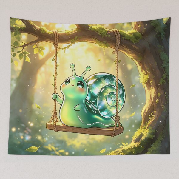 Item preview, The Joyful Swinger - Cute Emerald Snail on a Magic Forest Swing designed and sold by ABYSSLAB.