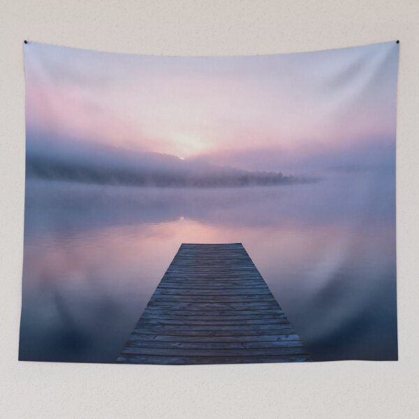 Item preview, Serene Misty Lake Sunrise with Wooden Dock designed and sold by Dezinix.