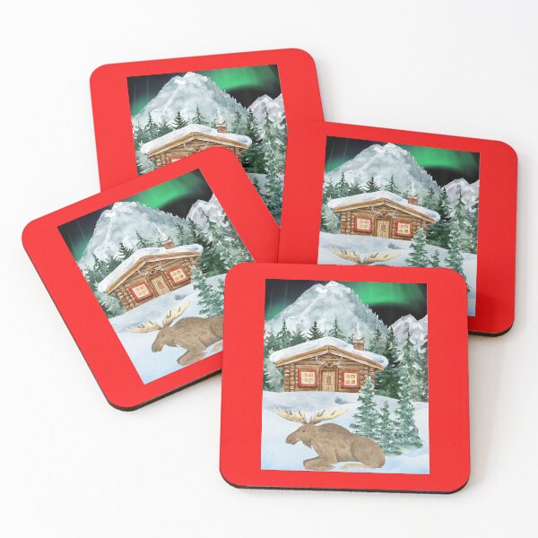 Item preview, Scandinavian Log Cabin & Moose Under Northern Lights | Cozy Nordic Winter Snow Landscape Design designed and sold by PureHopeStudio.