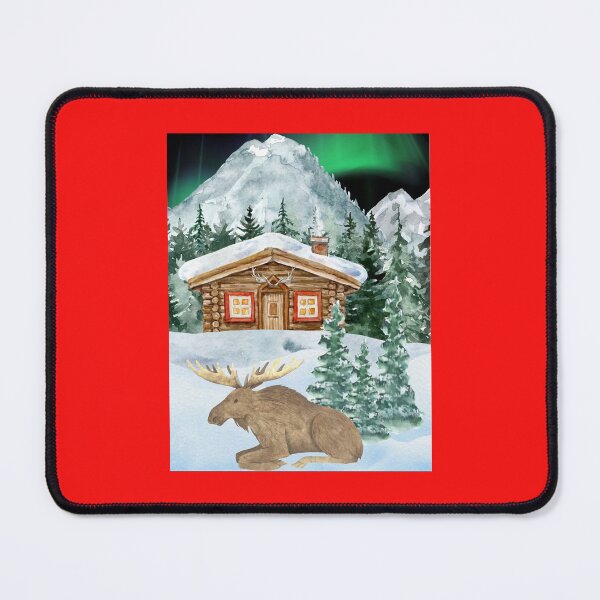 Item preview, Scandinavian Log Cabin & Moose Under Northern Lights | Cozy Nordic Winter Snow Landscape Design designed and sold by PureHopeStudio.