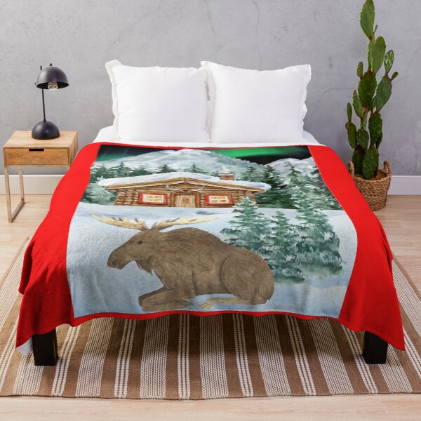 Item preview, Scandinavian Log Cabin & Moose Under Northern Lights | Cozy Nordic Winter Snow Landscape Design designed and sold by PureHopeStudio.