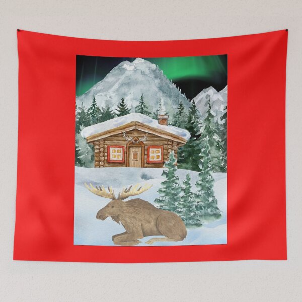 Item preview, Scandinavian Log Cabin & Moose Under Northern Lights | Cozy Nordic Winter Snow Landscape Design designed and sold by PureHopeStudio.