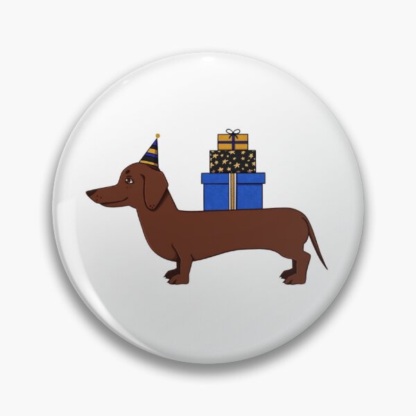 Item preview, Long brown dog wearing party hat carrying gift boxes designed and sold by ViniBall.