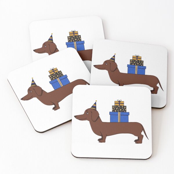 Item preview, Long brown dog wearing party hat carrying gift boxes designed and sold by ViniBall.