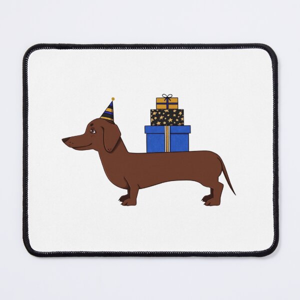 Item preview, Long brown dog wearing party hat carrying gift boxes designed and sold by ViniBall.