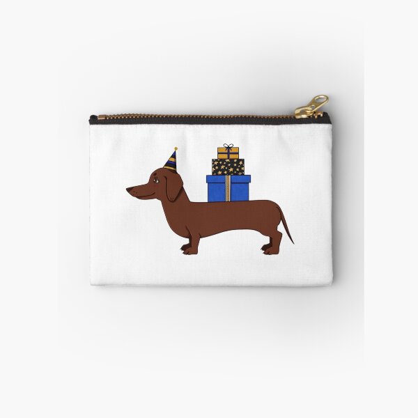 Item preview, Long brown dog wearing party hat carrying gift boxes designed and sold by ViniBall.