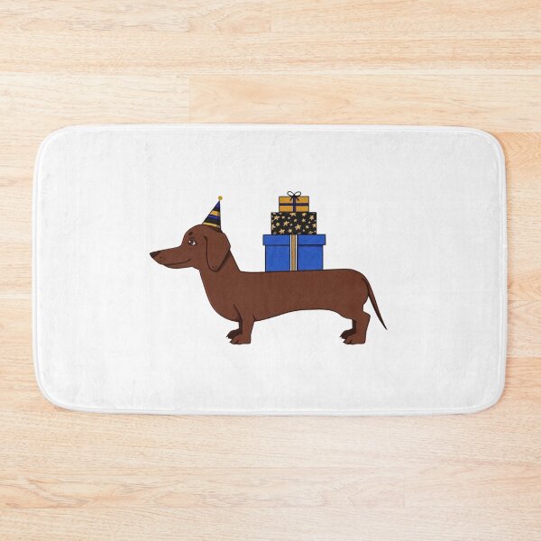 Item preview, Long brown dog wearing party hat carrying gift boxes designed and sold by ViniBall.