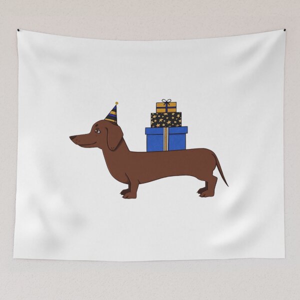 Item preview, Long brown dog wearing party hat carrying gift boxes designed and sold by ViniBall.
