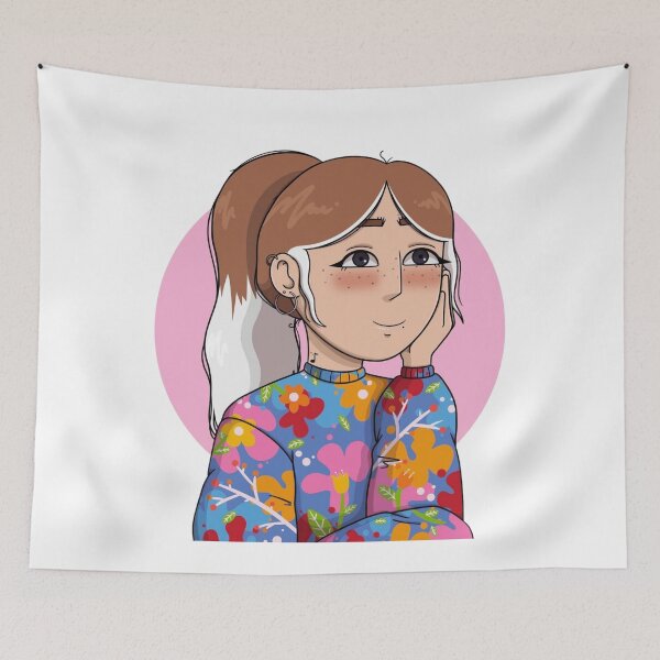 Item preview, Dreamy cartoon girl with ponytail and colorful floral sweater designed and sold by ViniBall.
