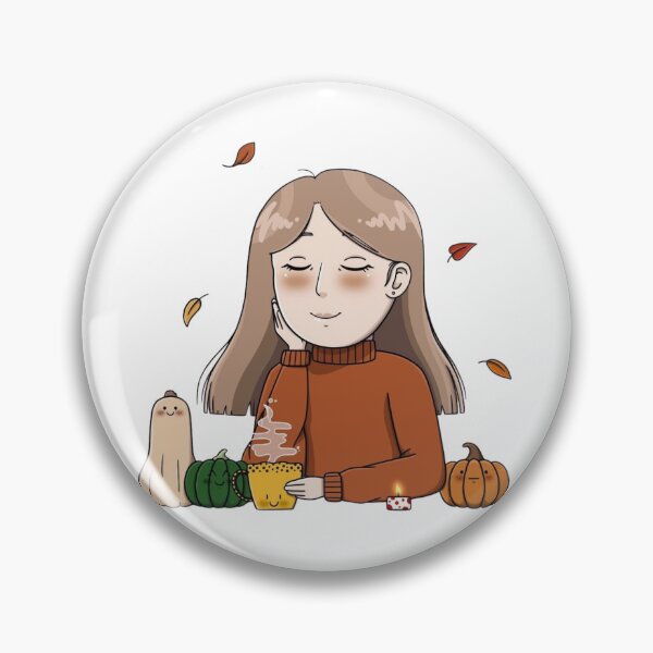 Item preview, Autumn-themed girl enjoying warm drink with pumpkins designed and sold by ViniBall.
