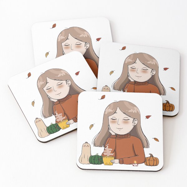 Item preview, Autumn-themed girl enjoying warm drink with pumpkins designed and sold by ViniBall.