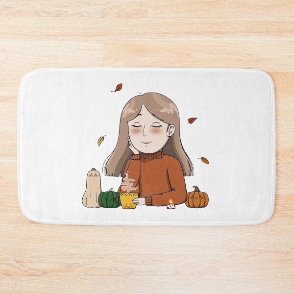 Item preview, Autumn-themed girl enjoying warm drink with pumpkins designed and sold by ViniBall.