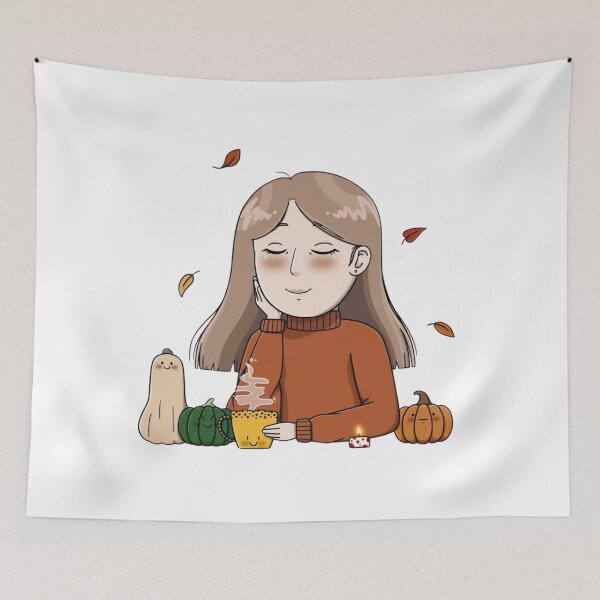 Item preview, Autumn-themed girl enjoying warm drink with pumpkins designed and sold by ViniBall.