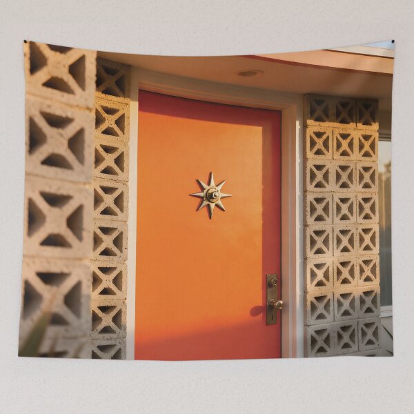 Item preview, Retro Mid-Century Modern Orange Door with Star Knocker and Breeze Blocks photo designed and sold by Dezinix.
