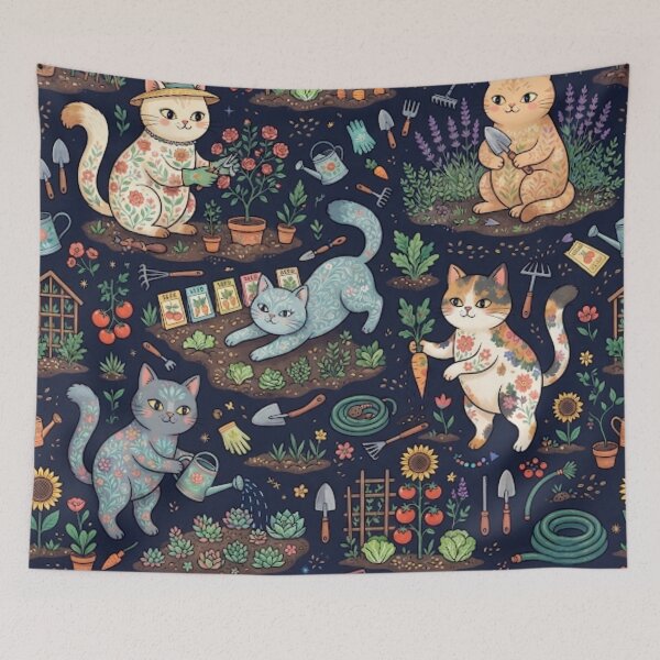 Item preview, Cute Gardening Cats Seamless Pattern with Flowers and Plants designed and sold by Iampoji.