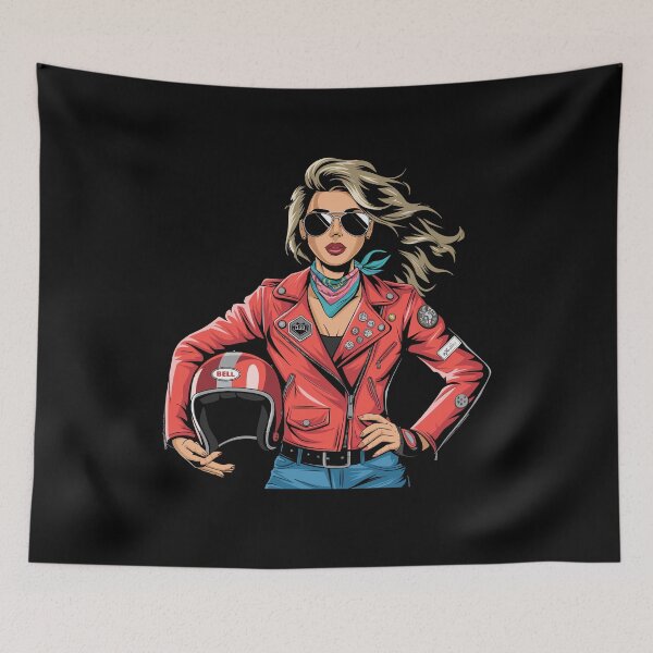 Item preview, Badass Moto Girl Rider With Red Jacket Bell Helmet Retro Biker Woman designed and sold by yoddel.