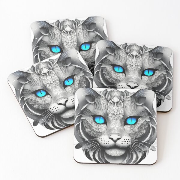 Item preview, Mystic Blue-Eyed Cat – Intricate Monochrome Fantasy Portrait designed and sold by Artisan Finds Online.