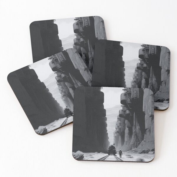 Item preview, Monochrome Sci-Fi Canyon | Futuristic Industrial Landscape | Cyberpunk Concept Art | Black & White Wall Art designed and sold by Elite Wall Art.