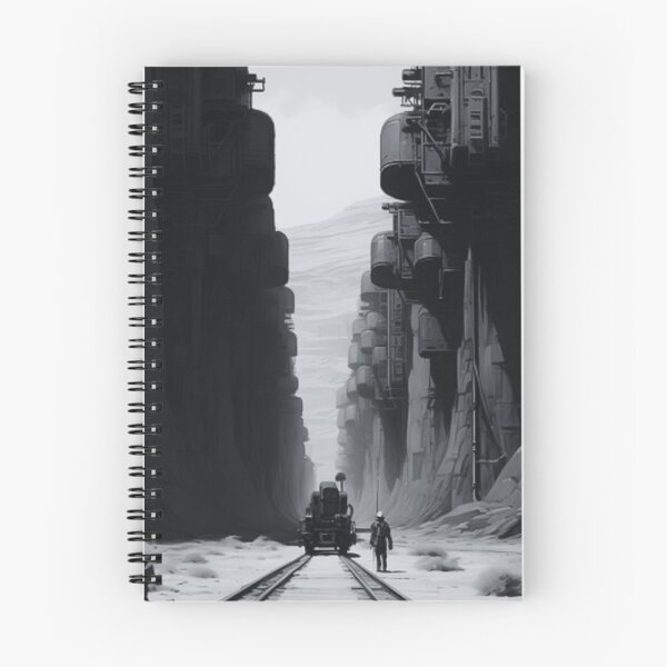 Item preview, Monochrome Sci-Fi Canyon | Futuristic Industrial Landscape | Cyberpunk Concept Art | Black & White Wall Art designed and sold by Elite Wall Art.