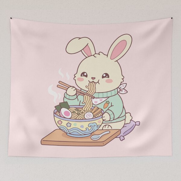 Item preview, Kawaii Bunny Eating Ramen Noodles Aesthetic designed and sold by BrownHorse90s.