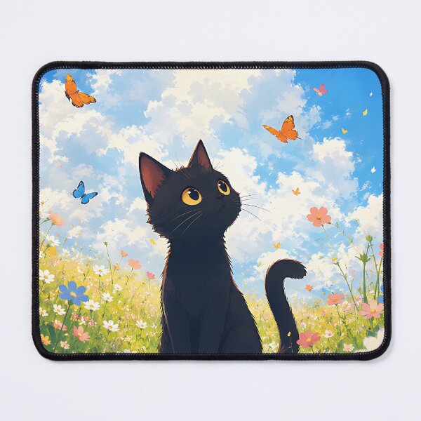 Item preview, Cute Black Cat in Wildflower Meadow with Butterflies  designed and sold by Jaideep Walia.