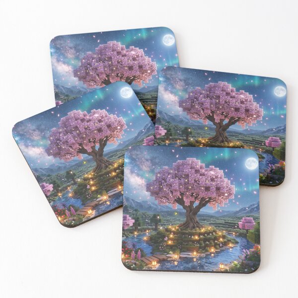 Item preview, Cosy Gaming Cherry Blossom Night  Aesthetic Voxel Sakura Aurora  Magical Blocky World Lantern River designed and sold by ar0001.
