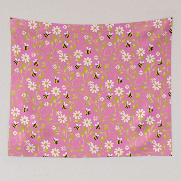 Item preview, Daisy and Bee Pattern on Bubblegum Pink | Cute Trailing Floral Print designed and sold by MizzleInk.