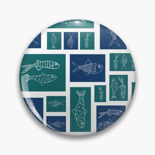 Item preview, Line Drawn Fish Pattern on Teal and Navy Blocks | Coastal Grid Print designed and sold by MizzleInk.