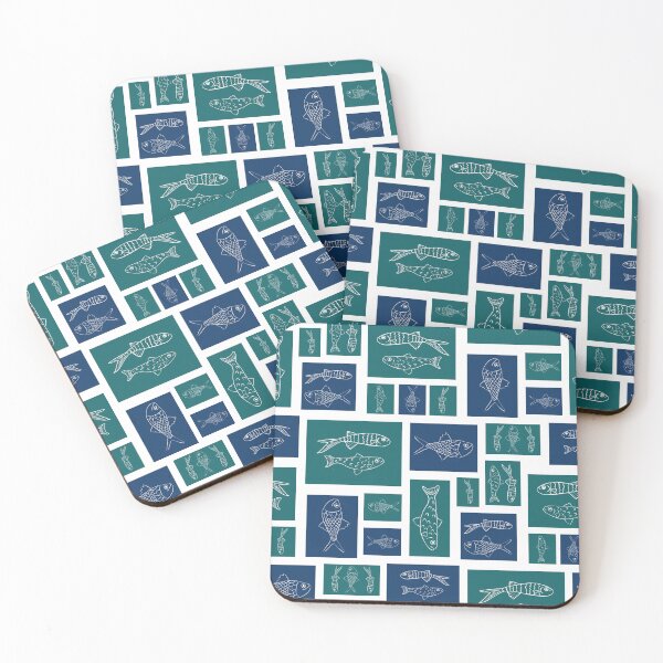 Item preview, Line Drawn Fish Pattern on Teal and Navy Blocks | Coastal Grid Print designed and sold by MizzleInk.