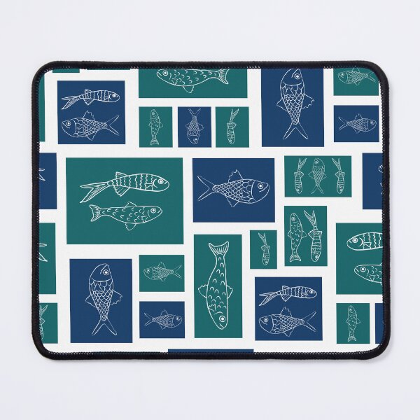 Item preview, Line Drawn Fish Pattern on Teal and Navy Blocks | Coastal Grid Print designed and sold by MizzleInk.